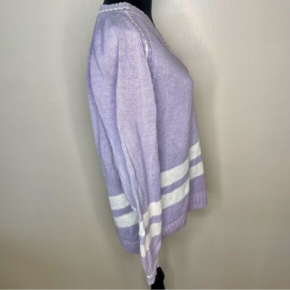 Silvercord Sweater Vintage Knit V Neck Stripe Cotton Blend Purple White Large - Picture 5 of 10